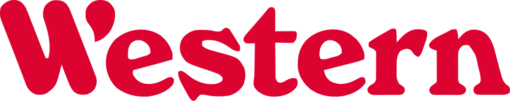 Rotes Wort "Western" auf einem dunkelgrünen Hintergrund.