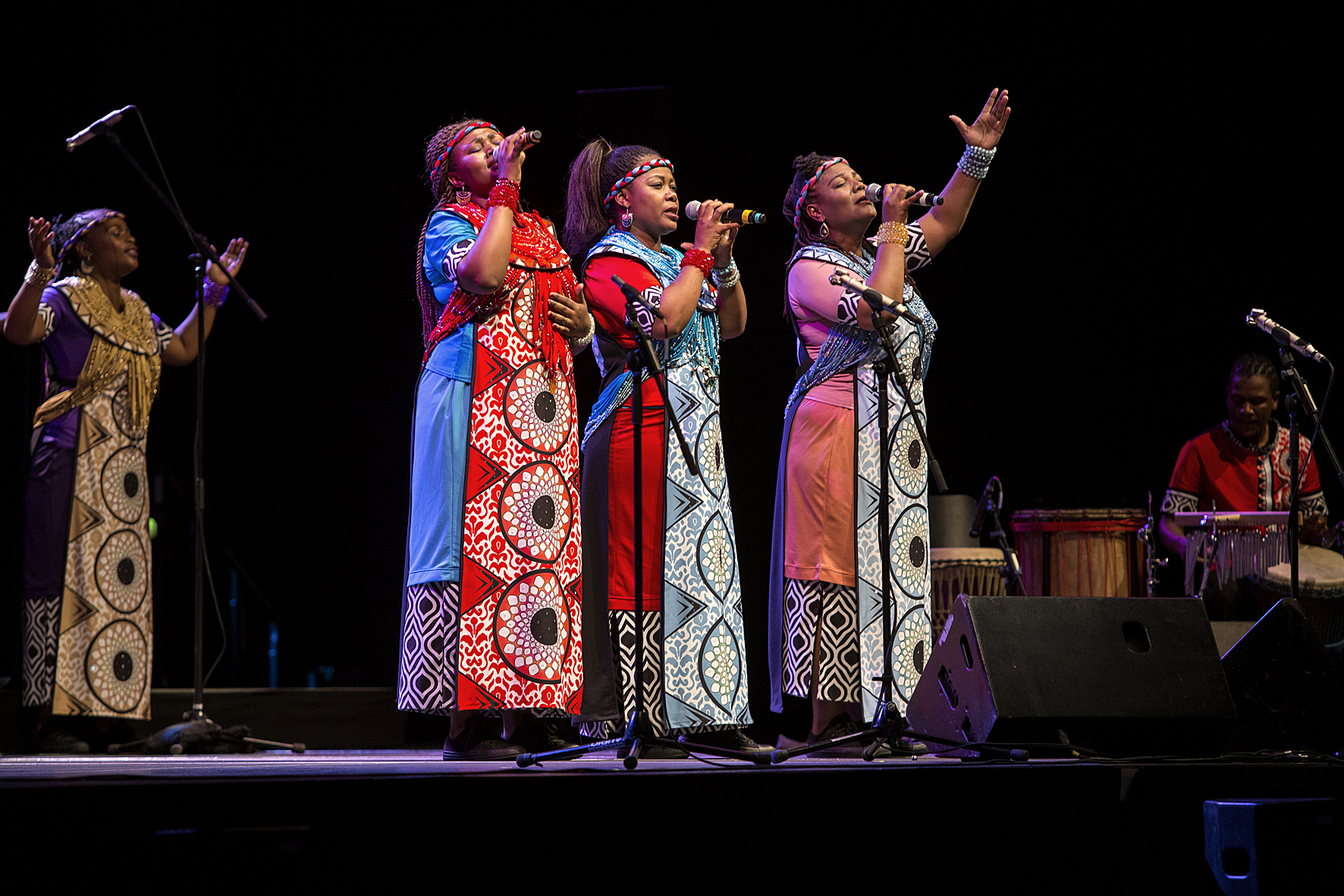 Soweto Gospel Choir with drums and percussion in the Grazer Stadthalle, Voices of Spirit 2016, Graz