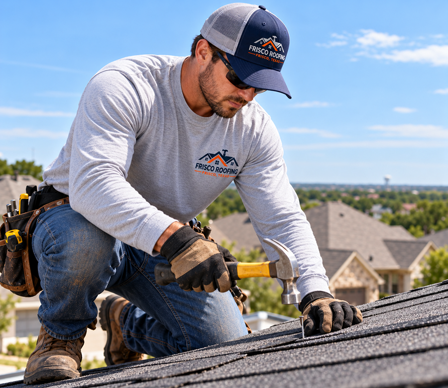 Roofer in safety gear working along a sloped roof surface