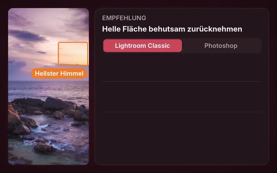 Anleitung zur Empfehlung Helle Fläche behutsam zurücknehmen, mit abgehakten Schritten für Lightroom Classic und Photoshop
