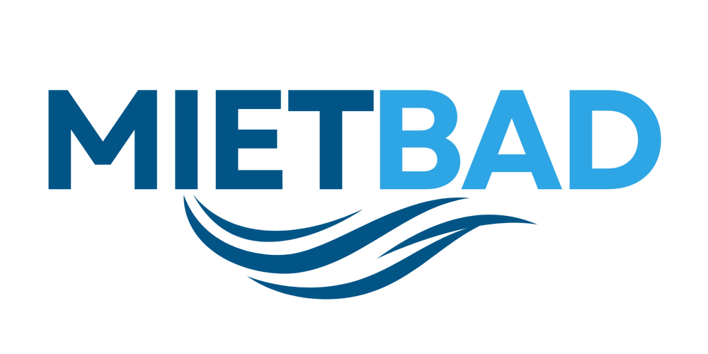 Logo „MIETBAD“ in Dunkelblau und Hellblau mit drei stilisierten blauen Wellen darunter.