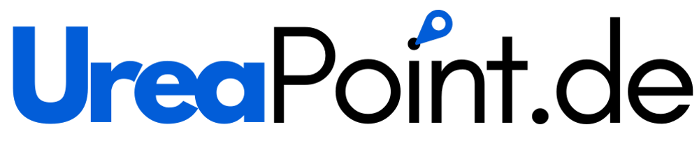 Logo mit "UreaPoint.de", wobei "Urea" blau und "Point.de" schwarz ist; der Punkt über dem "i" ist ein blauer Standort-Pin.