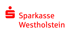 Rotes Sparkassen-Logo mit Schriftzug "Sparkasse Westholstein" auf dunkelgrünem Hintergrund.