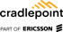 Cradlepoint-Logo mit gelbem, gestreiftem Symbol und dem Text "PART OF ERICSSON" darunter.