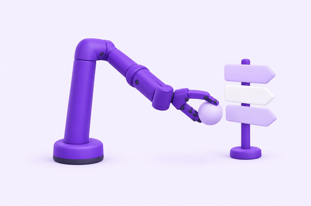 Illustration: Roboterarm hält einen Ball, daneben ein Wegweiser