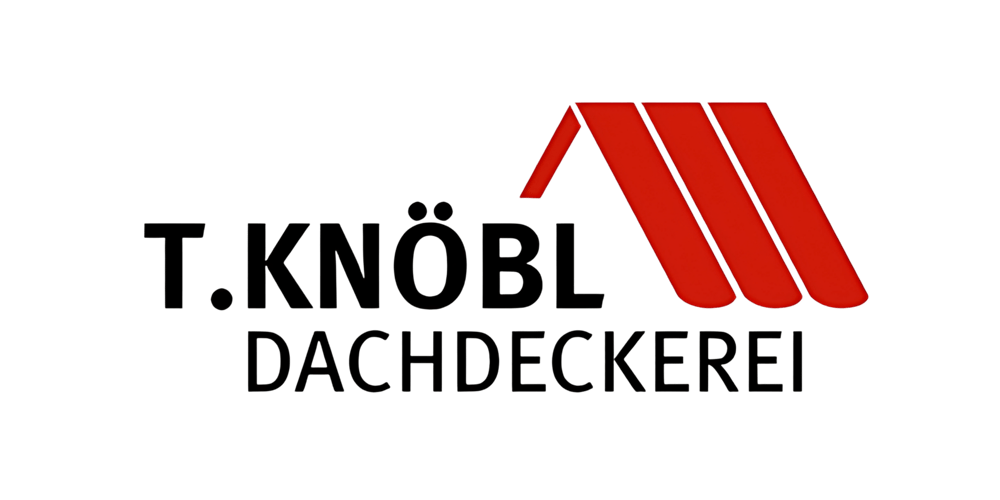 Logo von T. Knöbl Dachdeckerei mit schwarzem Text und einem roten Dachsymbol.