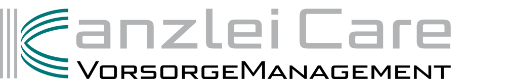 Logo mit dem Text "KanzleiCare VorsorgeManagement" in Grau und Schwarz auf grünem Hintergrund.
