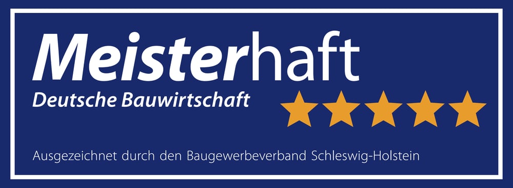 Meisterhaft, Nachhaltigkeit & Klimaschutz, Deutsche Bauwirtschaft, mit fünf goldenen Sternen und einem grünen Blatt.