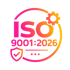 ISO 9001:2026 logo in pink and orange gradient with a gear, shield, and checkmark.