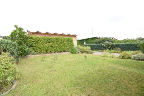 Gepflegter Garten mit Rasenfläche und hohen Hecken, dahinter ein Haus mit geschwungenem Dach.
