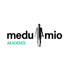 Medu Mio Akademie Logo: Schwarz-weiße menschliche Figur mit vertikalen Linien, die sich zum Text "medu mio" erstrecken.