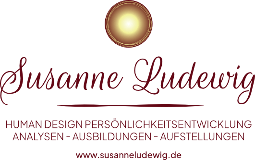 Susanne Ludewig Logo mit strahlendem Kreis, Text "Human Design Persönlichkeitsentwicklung Analysen - Ausbildungen - Aufstellungen"