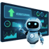 Ein kleiner Roboter berührt einen Bildschirm mit Grafiken, Diagrammen und dem Wort "VERBESSERUNG".