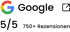 Google Logo, 5/5 Bewertung und 750+ Rezensionen auf grünem Hintergrund.