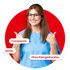 Lächelnde Frau in blauer Uniform mit Brille, die zwei Daumen hochhält. Text: Transparent. Sicher. Ohne Kleingedrucktes.