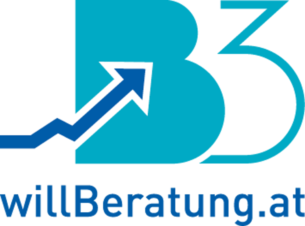 Blaues "B3" Logo mit einem hellgrauen, schattenartigen "B" dahinter auf dunkelgrünem Hintergrund.