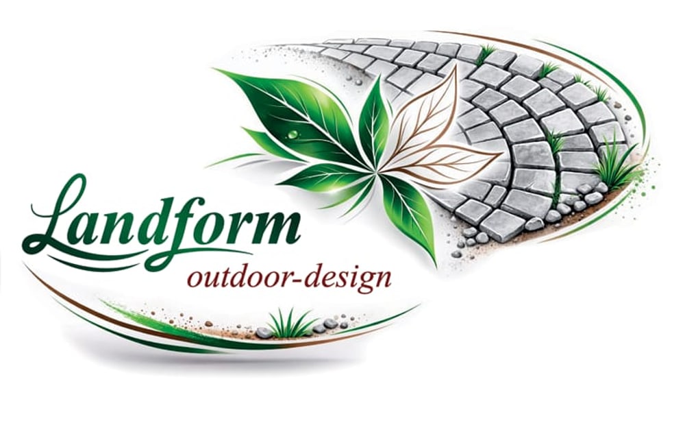 Landform outdoor-design Logo mit Pflasterweg und grünen Blättern.