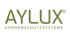 AYLUX® Sonnenschutzsysteme Logo in Dunkelgrün auf dunkelgrünem Hintergrund.