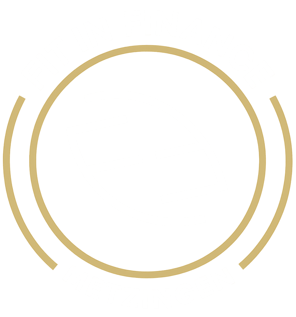 Rundes Logo mit "FIT IN FINANCE METZINGEN" und stilisiertem "FF"-Symbol auf dunkelgrünem Hintergrund.