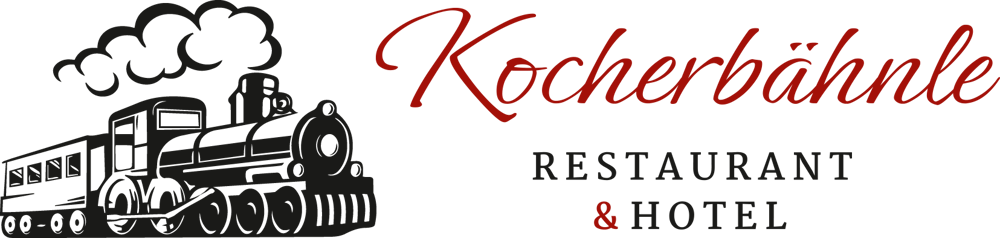Schwarze Dampflokomotive mit rotem Text "Kocherbähnle Restaurant & Hotel" auf grünem Hintergrund.