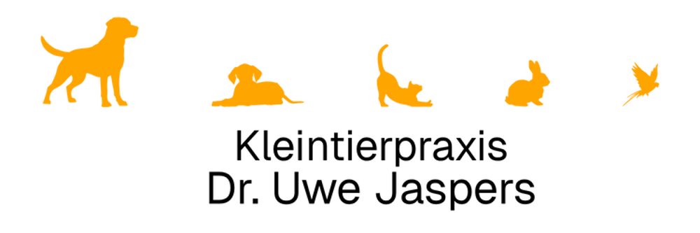 Kleintierpraxis Dr. Uwe Jaspers Logo mit Hund, Welpe, Katze, Hase und Vogel.