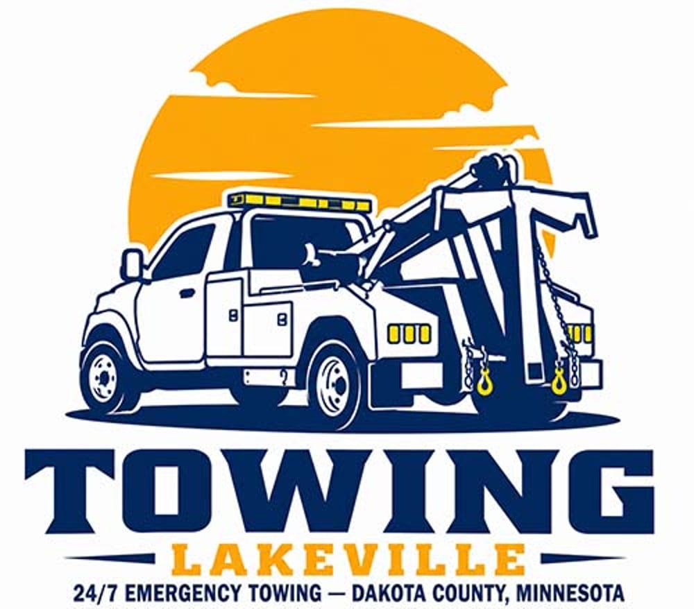 Blue and white tow truck with "TOWING LAKEVILLE" in blue and orange text, "FAST 24/7 DISPATCH – DAKOTA COUNTY, MN".