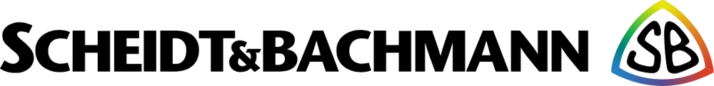 Das Logo von Scheidt & Bachmann zeigt den Firmennamen in Schwarz mit einem farbigen "SB"-Symbol.