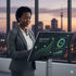 A woman in a gray suit interacts with a large digital display showing business analytics against a city skyline at dusk.