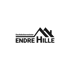 Logo Endre Hille, Dachdeckerunternehmen, schwarze Schrift und Hausdach auf dunkelgrünem Hintergrund.