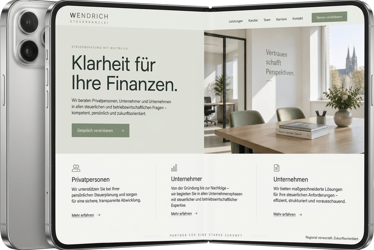 Faltbares Smartphone mit dem Website-Konzept für die Steuerkanzlei Wendrich