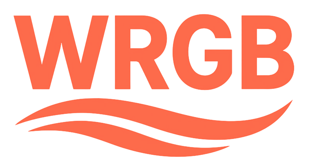 Das WRGB-Logo in leuchtendem Orange mit geschwungenen Linien auf dunkelgrünem Hintergrund.