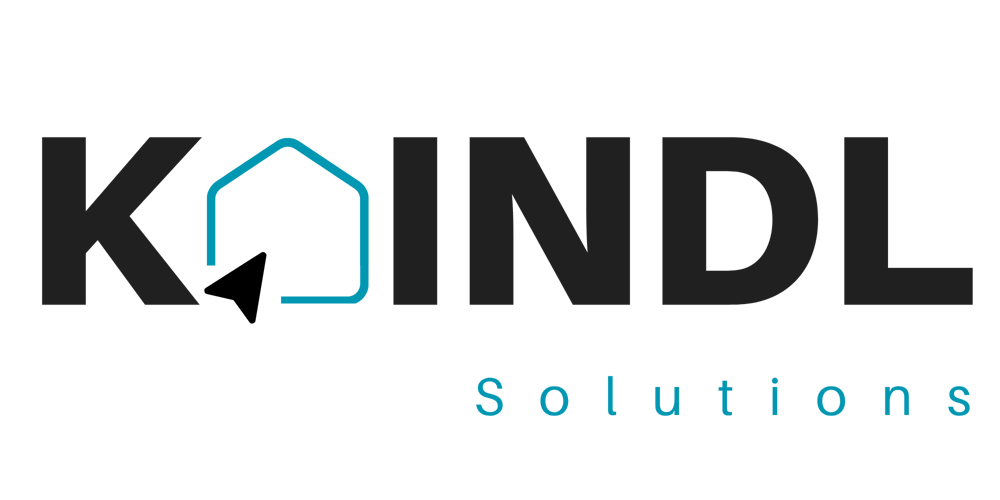 KAINDL Solutions Logo, mit einem blauen Hausumriss und einem schwarzen Mauszeiger.
