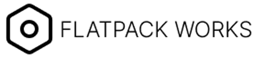 Black Flatpack Works logo with a hexagonal icon featuring a smaller inner circle.