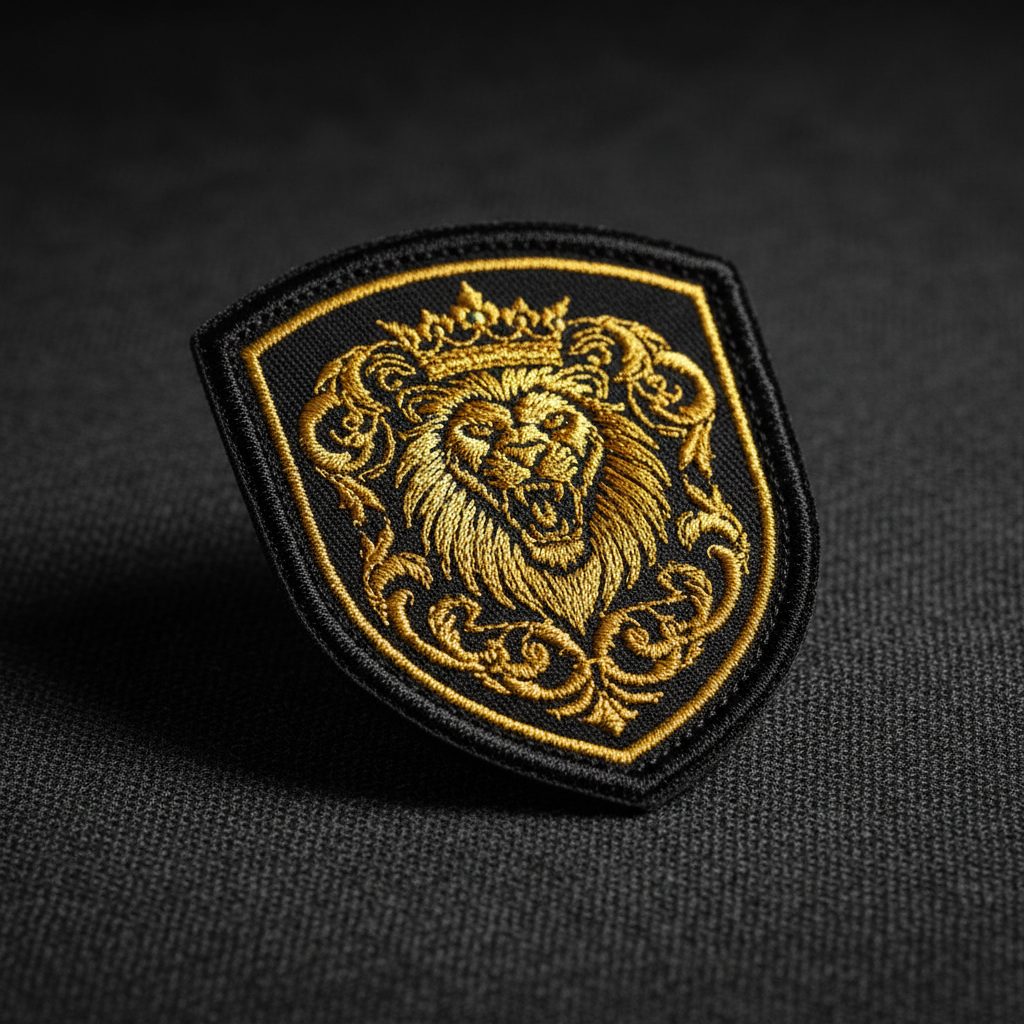 Individueller gestickter Patch mit blauer Umrandung und Goldstickerei