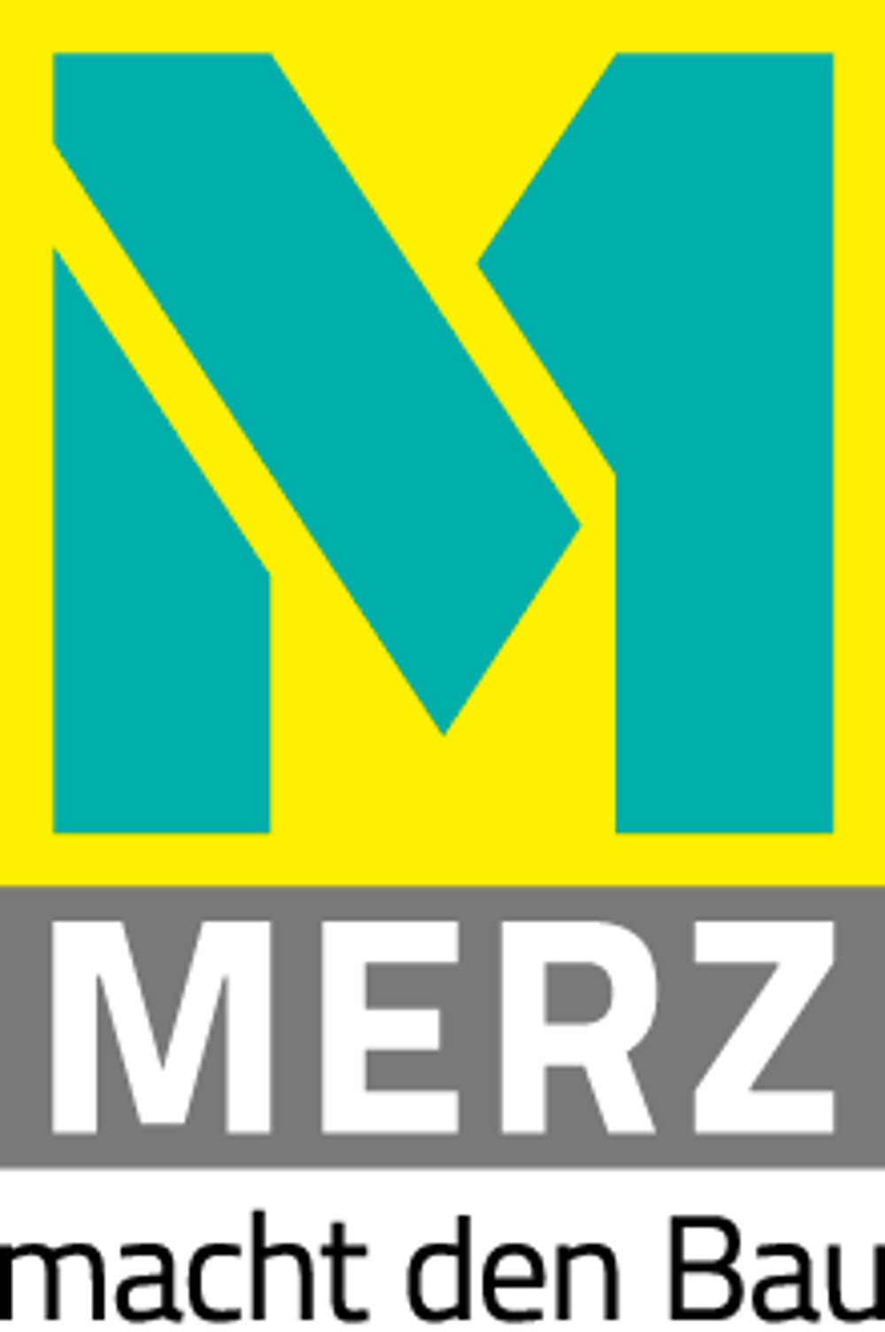Merz-Logo mit einem großen türkisfarbenen "M" auf gelbem Hintergrund, darunter weißer Text "MERZ" auf grauem Balken und "macht den Bau" in Schwarz.