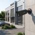 Schwarze Hikvision Überwachungskamera an der Ecke eines modernen Bürogebäudes mit Parkplatz.