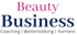 Textlogo mit „Beauty Business“ in Pink und Dunkelblau, darunter „Coaching | Weiterbildung | Karriere“.
