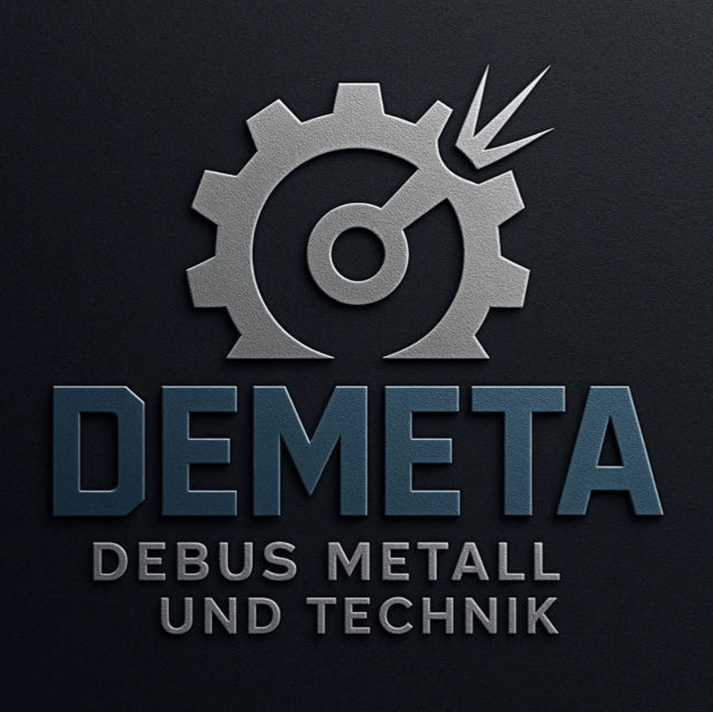 Graues Zahnrad-Logo mit Schriftzug "DEMETA DEBUS METALL UND TECHNIK" auf dunkelgrünem Hintergrund.