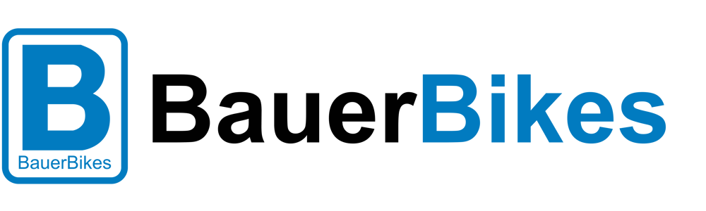 Logo für Bauer Bikes mit einem blauen "B" in einem Quadrat und dem Text "Bauer" in Schwarz und "Bikes" in Blau.