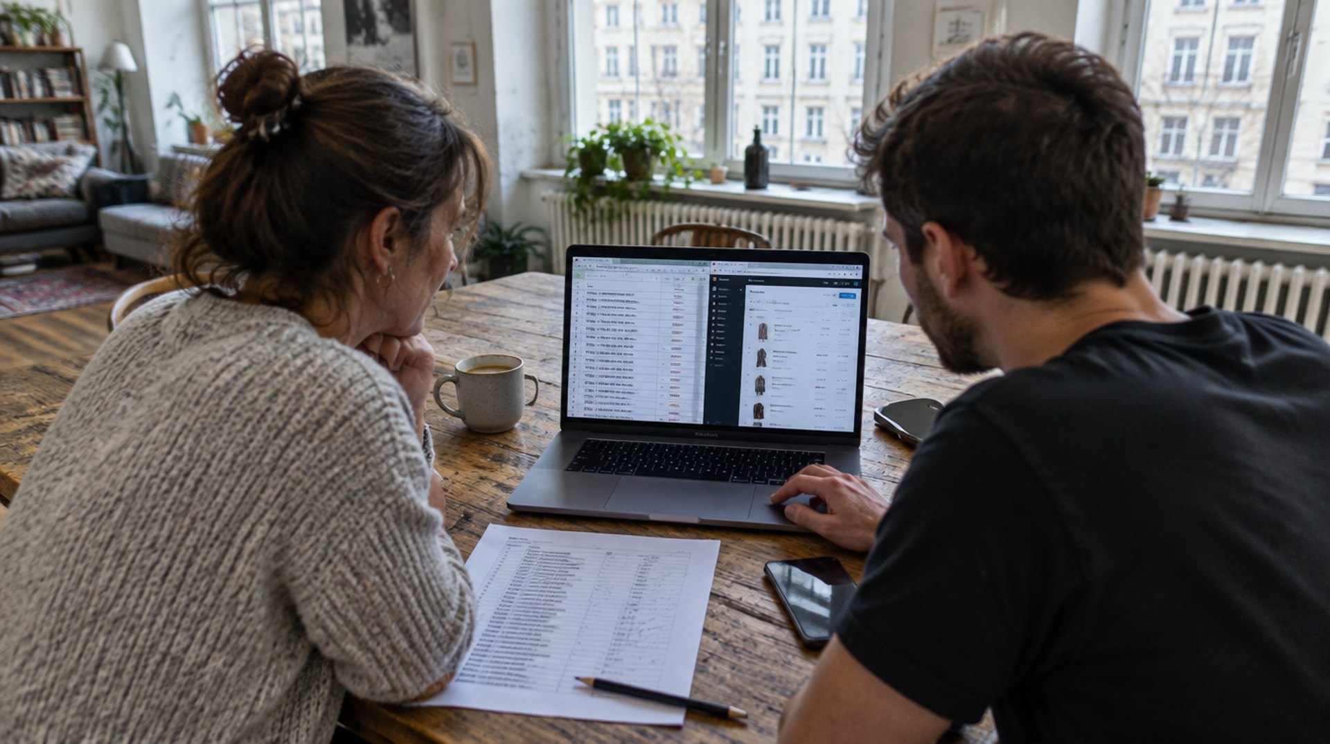 Shop-Inhaberin und Shopify Freelancer prüfen an einem Laptop in einem Berliner Loft die Liste der alten und neuen Adressen für die Weiterleitungen