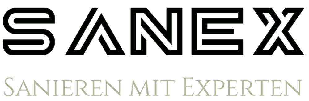 SANEX Logo in Schwarz und der Text "SANIEREN MIT EXPERTEN" in Hellgrau auf dunkelgrünem Hintergrund.
