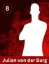 Weiße Silhouette eines Mannes vor rotem Hintergrund mit Nummer 8 und Text "Julian von der Burg".