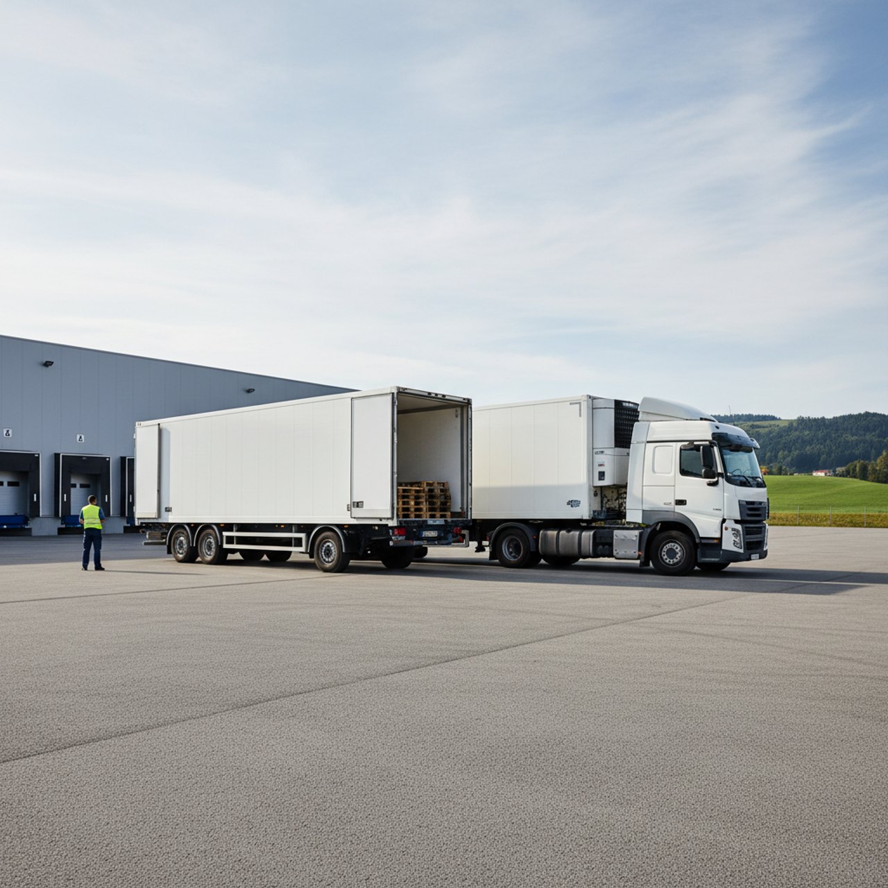 Weißer WAB-Hängerzug auf einem Logistikhof
