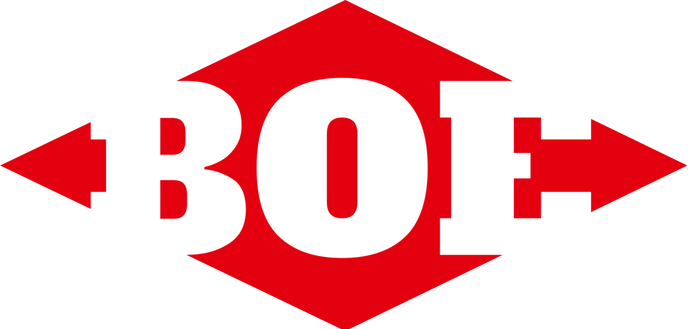 Rotes BOIE-Logo mit nach links und rechts zeigenden Pfeilen auf dunkelgrünem Hintergrund.