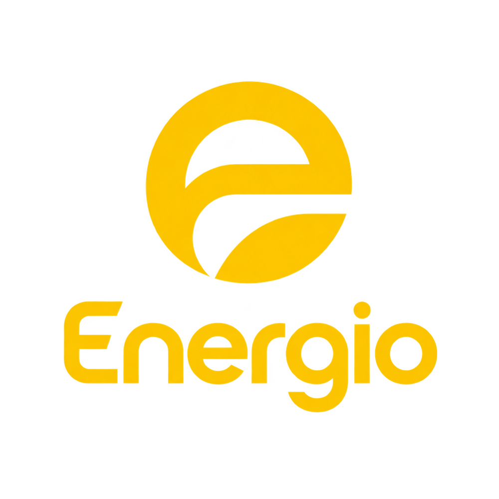 Gelbes Logo mit einem stilisierten Buchstaben E in einem Kreis über dem Schriftzug Energio auf weißem Hintergrund.