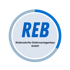 Logo: REB, Rüdersdorfer Elektroanlagenbau GmbH in blauem Kreis mit grauem und blauem Rand.