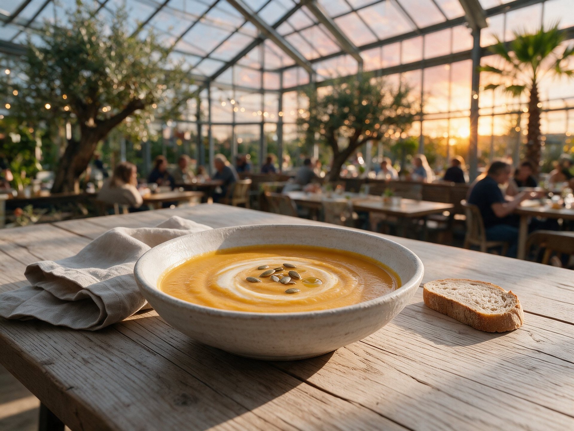 Kürbiscremesuppe mit Sahne und Kürbiskernen in einer Keramikschale