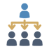 Piktogramm eines Organigramms mit einer blauen Person oben, die über drei gelbe Pfeile mit drei grauen Personen verbunden ist.