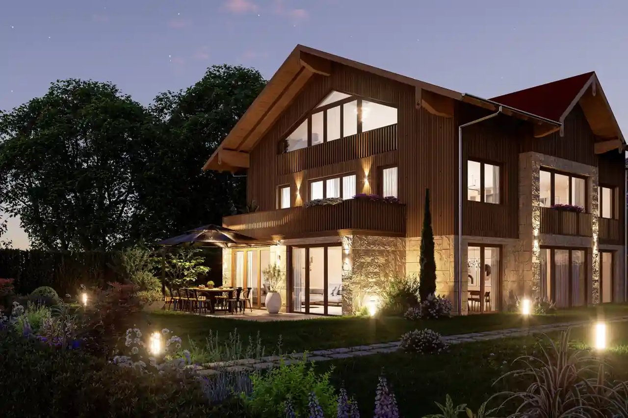 Visualisierung eines möglichen Neubaus: Außenansicht mit Balkon, Terrasse und Garten