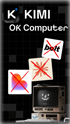 KIMI OK Computer text above a vintage computer showing a smiley face, with three crossed-out app icons.